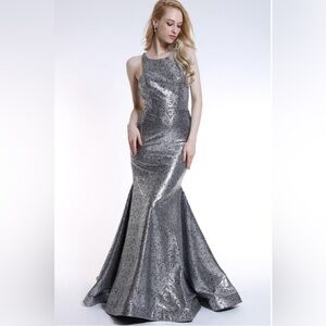 Ava Presley Womens Silver Glitter Sleeveless Round Neck Maxi Dress Size 10